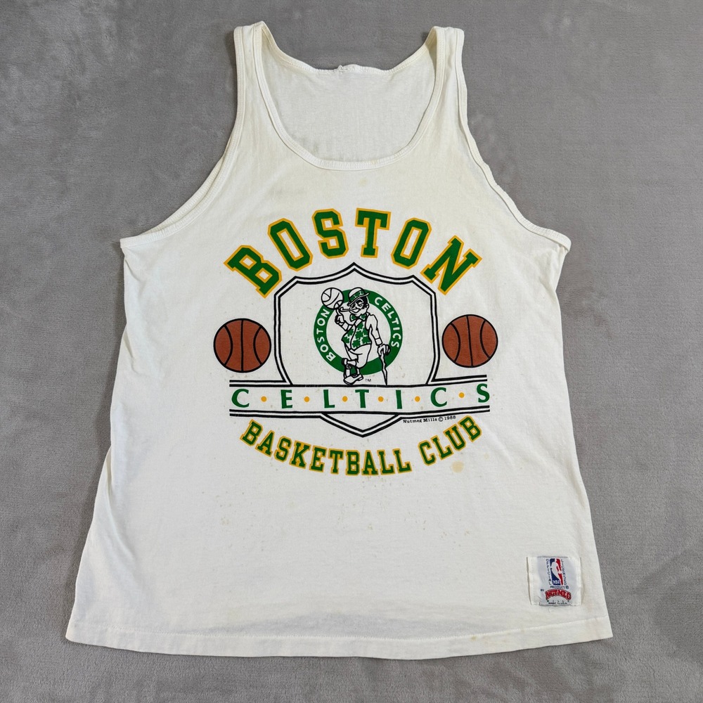 Vintage 1988 Boston Celtics Nutmeg Mills Tank Top NBA Basketball White Thrashed